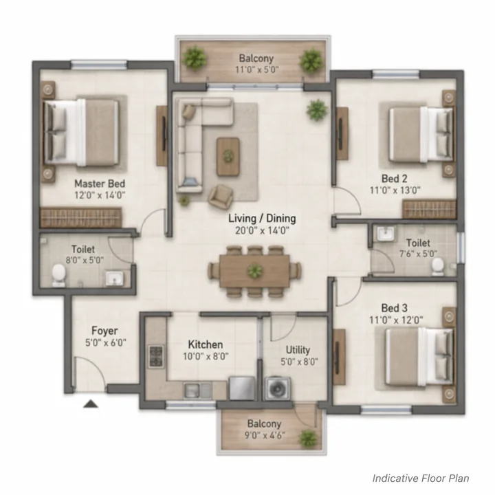 Prestige Lakdaram 3 BHK floor plan layout