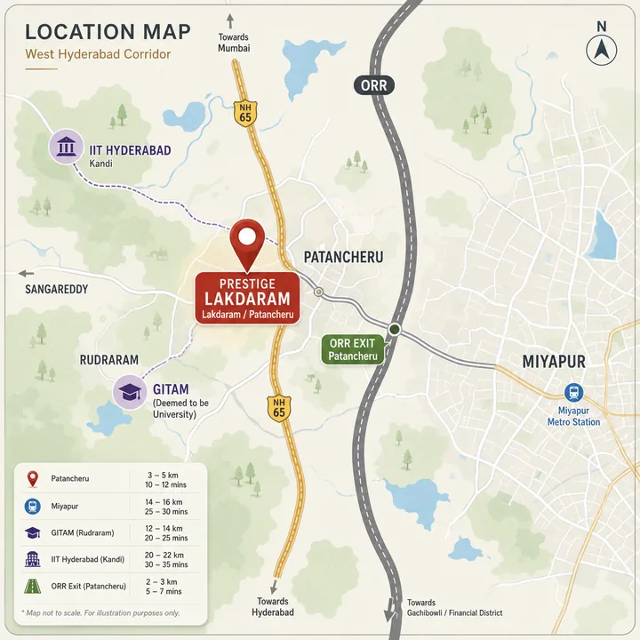 Prestige Lakdaram location map showing nearby landmarks